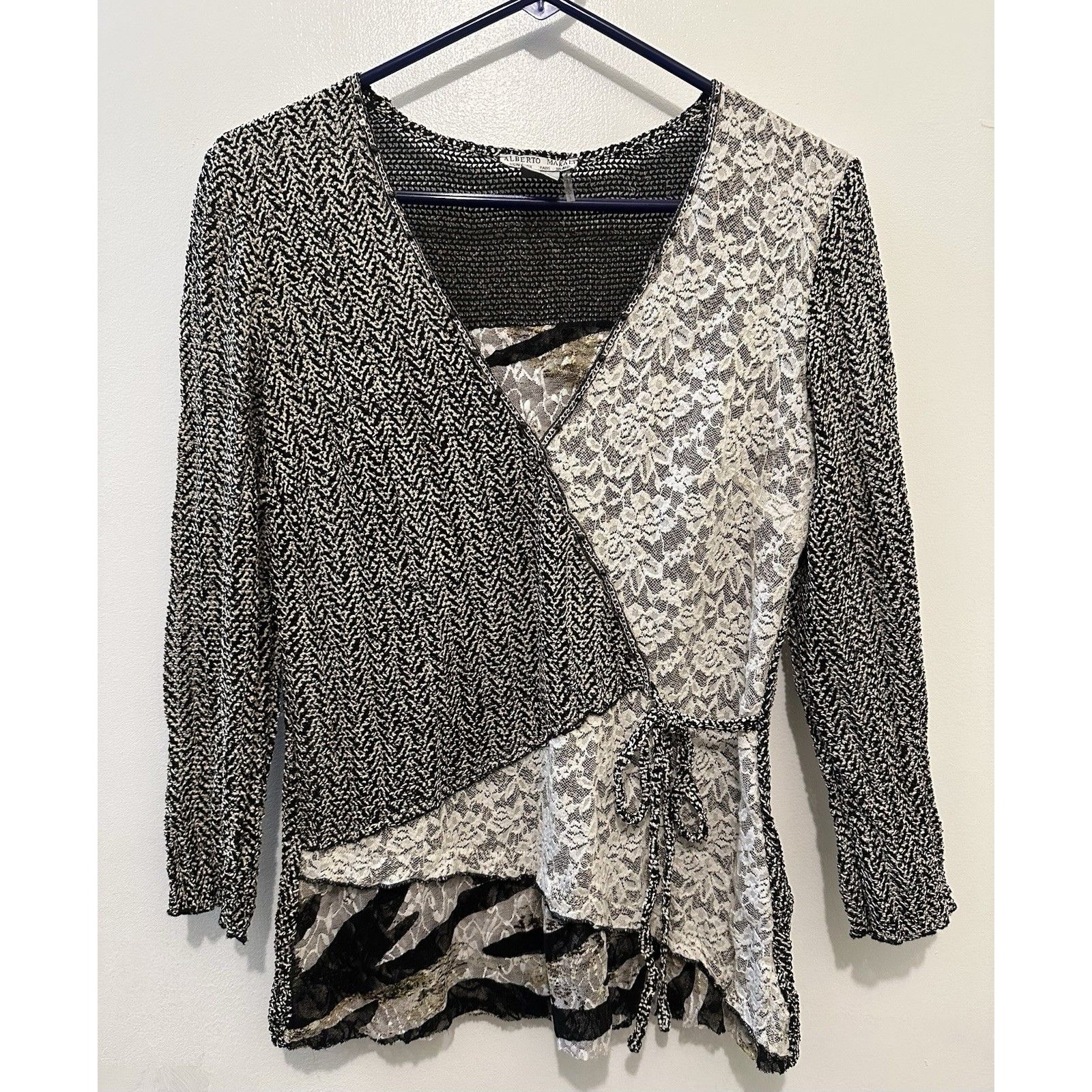 Alberto Makali Small Boho Lace Knit Wrap Top High Low 3/4 Sleeve Art To Wear